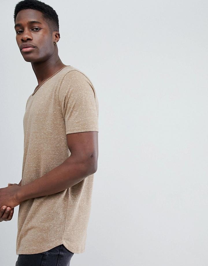 Asos Design Relaxed Longline T-shirt With Raw Scoop Neck And Curve Hem In Linen Mix In Brown - Brown
