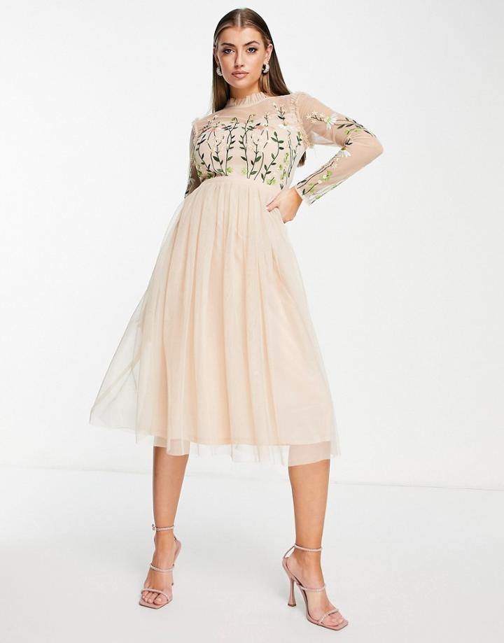 Frock And Frill Bridesmaid Midi Dress With Pleated Skirt And Embellished Top In Dusty Mauve-orange
