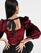 River Island Velvet Square Neck Blouse In Burgundy-red