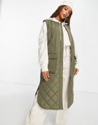 Only Diamond Quilted Longline Vest In Khaki-green