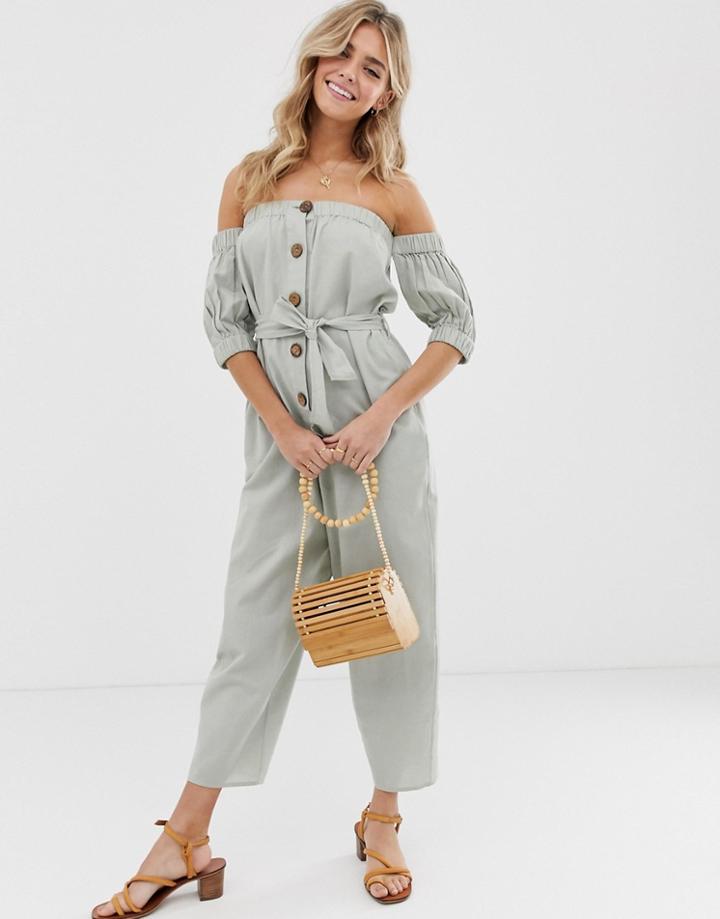 Asos Design Off Shoulder Button Front Jumpsuit With Tie Waist-beige