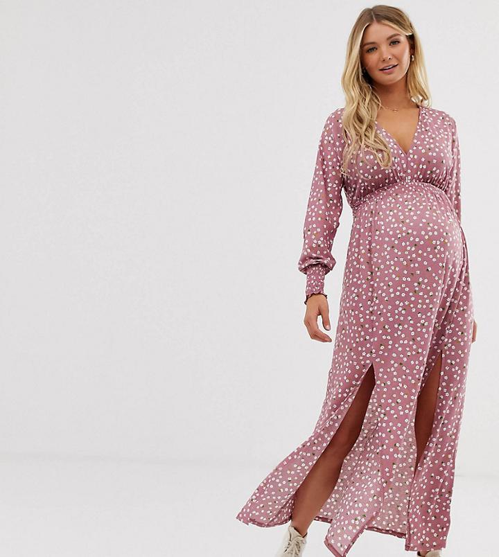 Asos Design Maternity Ditsy Print Shirred Waist Maxi Dress With Splits-multi
