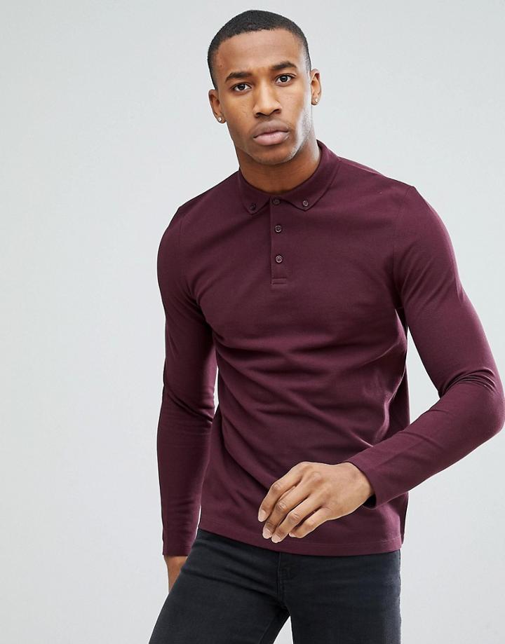 Asos Long Sleeve Pique Polo With Button Down Collar - Red