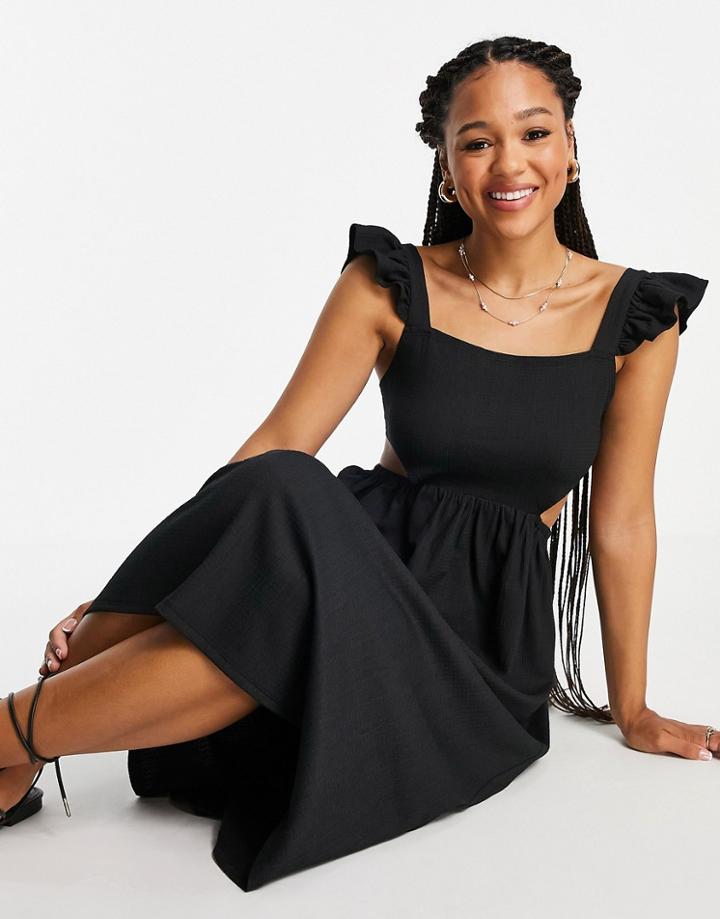 Asos Design Textured Frill Strap Midi Dress With Back Cut Out In Black