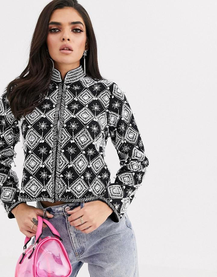 Asos Design Faux Pearl Embellished Jacket In Black