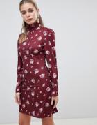 Fashion Union Skater Dress With High Neck In Vintge Floral - Red