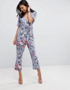 Asos Wrap Jumpsuit With Self Belt In Print - Gray