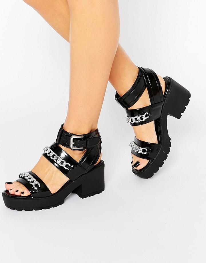 Truffle Collection Chunky Heel Buckle Sandal - Black High Shine