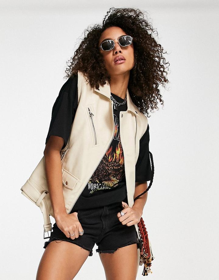 Topshop Faux Leather Sleeveless Moto Jacket In Ecru-white