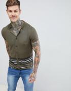 Boohooman Revere Collar Knitted Shirt With Stripe In Green - Green