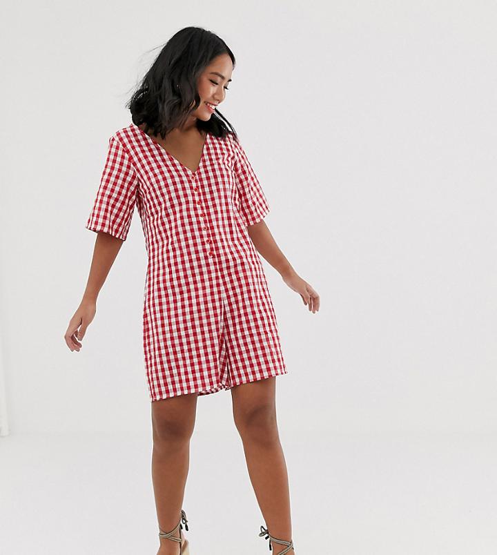 Glamorous Petite Relaxed Button Through Swing Romper In Gingham