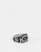 Asos Design Signet Ring With Football Championship Design In Silver And Black