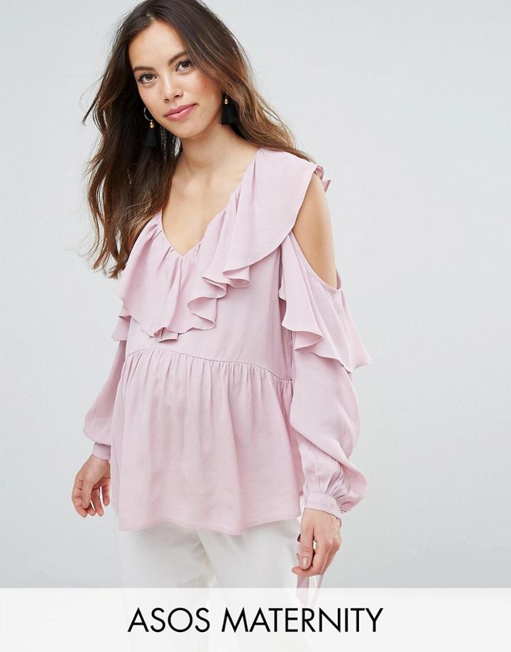 Asos Maternity Cold Shoulder Blouse With V-neck And Ruffles - Purple