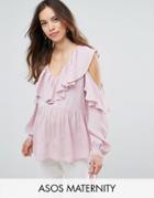 Asos Maternity Cold Shoulder Blouse With V-neck And Ruffles - Purple