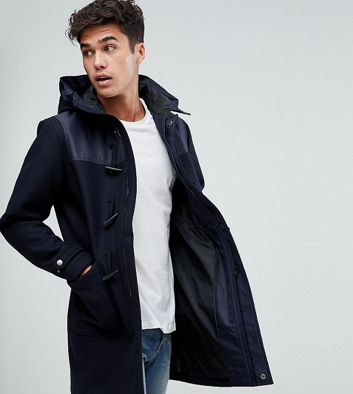 Jack & Jones Originals Wool Duffle Coat With Shoulder And Hood Detail - Navy