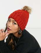 Boardmans Cable Knitted Hat With Faux Fur Pom In Red
