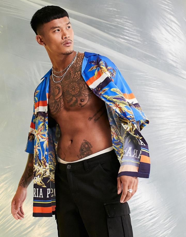 Asos Design Relaxed Revere Satin Shirt In Floral Border Print-multi