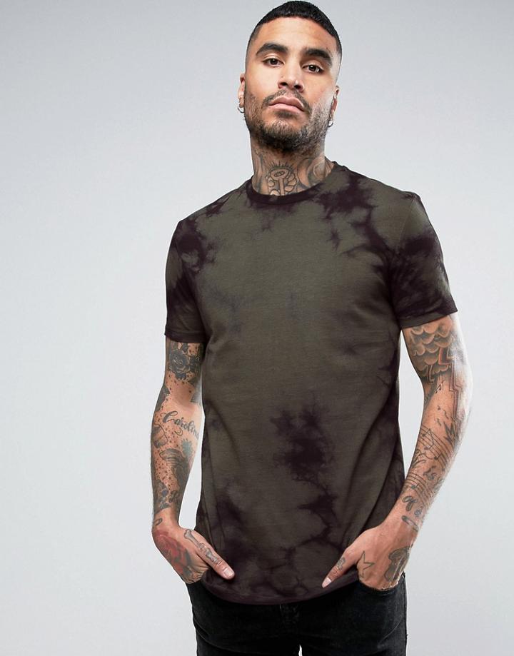 Asos Longline T-shirt In Khaki With Tie Dye - Green