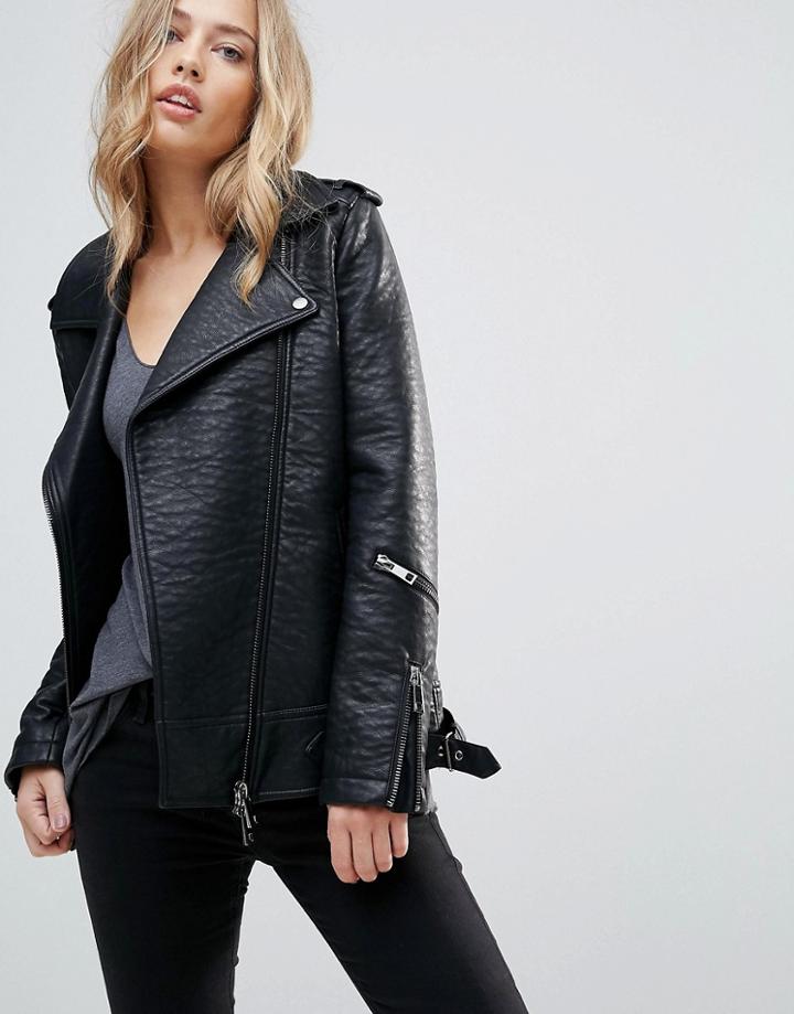 Urbancode Longline Biker Jacket In Textured Faux Leather - Black