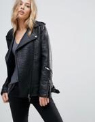 Urbancode Longline Biker Jacket In Textured Faux Leather - Black
