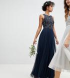 Maya Sleeveless Sequin Bodice Tulle Detail Maxi Bridesmaid Dress With Cutout Back - Navy