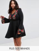 Club L Plus V Plunge Embroidered Skater Dress With Red Floral Trims & Long Sleeve. - Multi