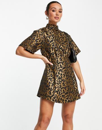 Ghospell High Neck Mini Dress In Leopard Jacquard-brown