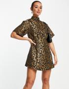 Ghospell High Neck Mini Dress In Leopard Jacquard-brown