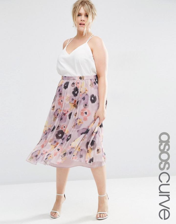 Asos Curve Pleated Floral Midi Skirt - Multi