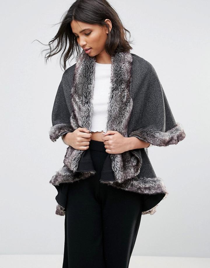 Qed London Faux Fur Trim Cape Coat - Gray
