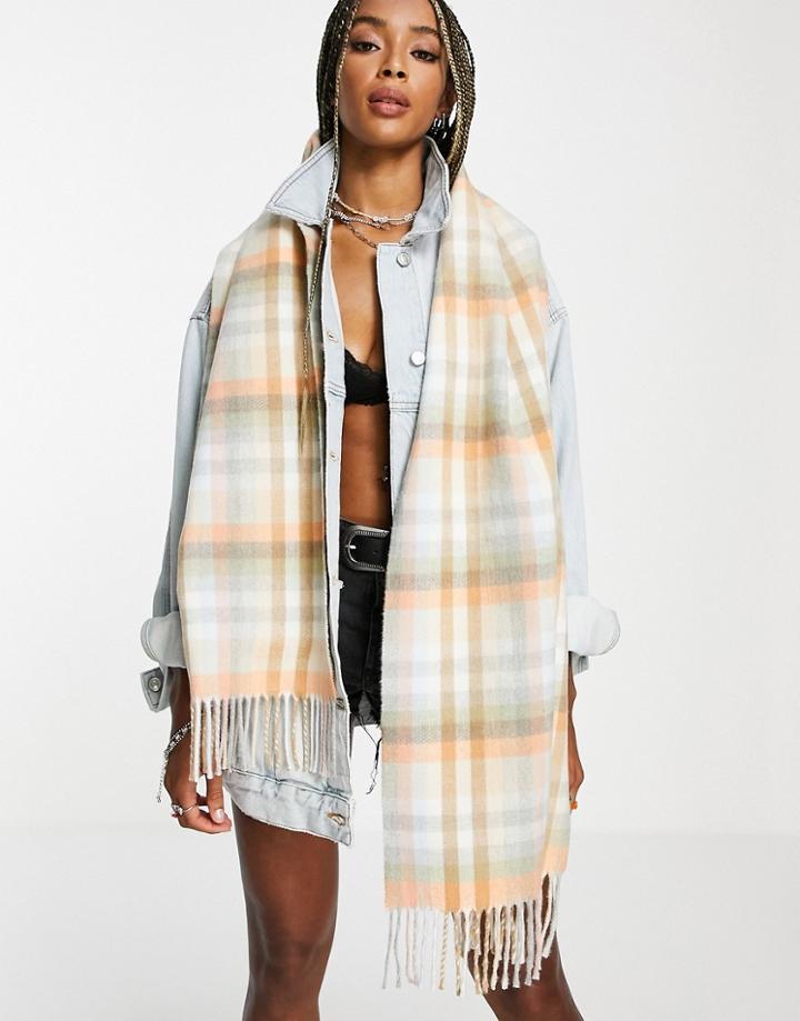 Topshop Recycled Pastel Check Scarf In Pink Print-multi