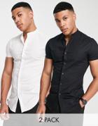 Asos Design 2-pack Skinny Shirts With Grandad Collar In White/black-multi