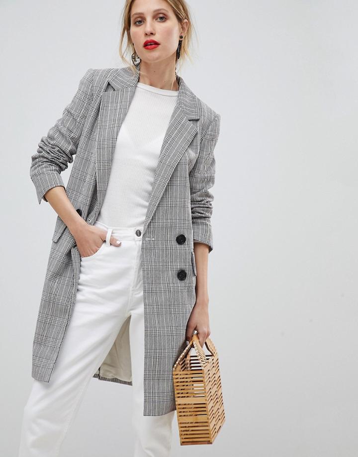 Mango Long Line Checked Blazer - Black