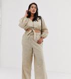 Neon Rose Plus Wide Leg Pants With Belt In Summer Pinstripe-beige