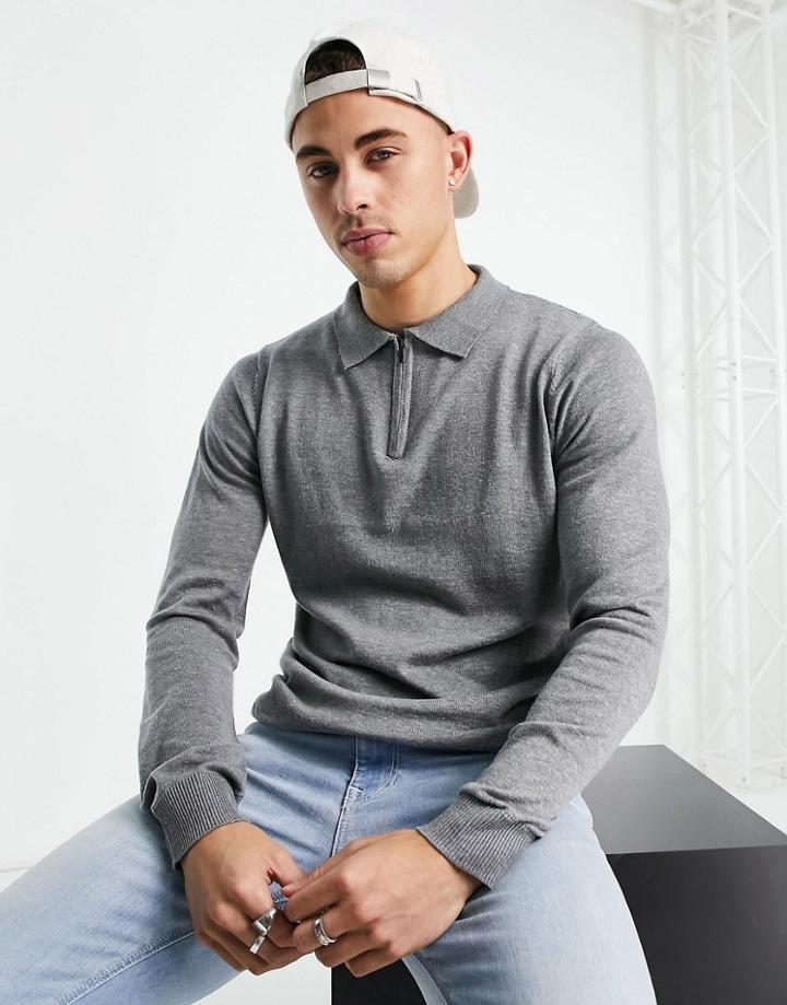 Threadbare Cotton Quarter Zip Long Sleeve Knitted Polo In Light Gray-grey