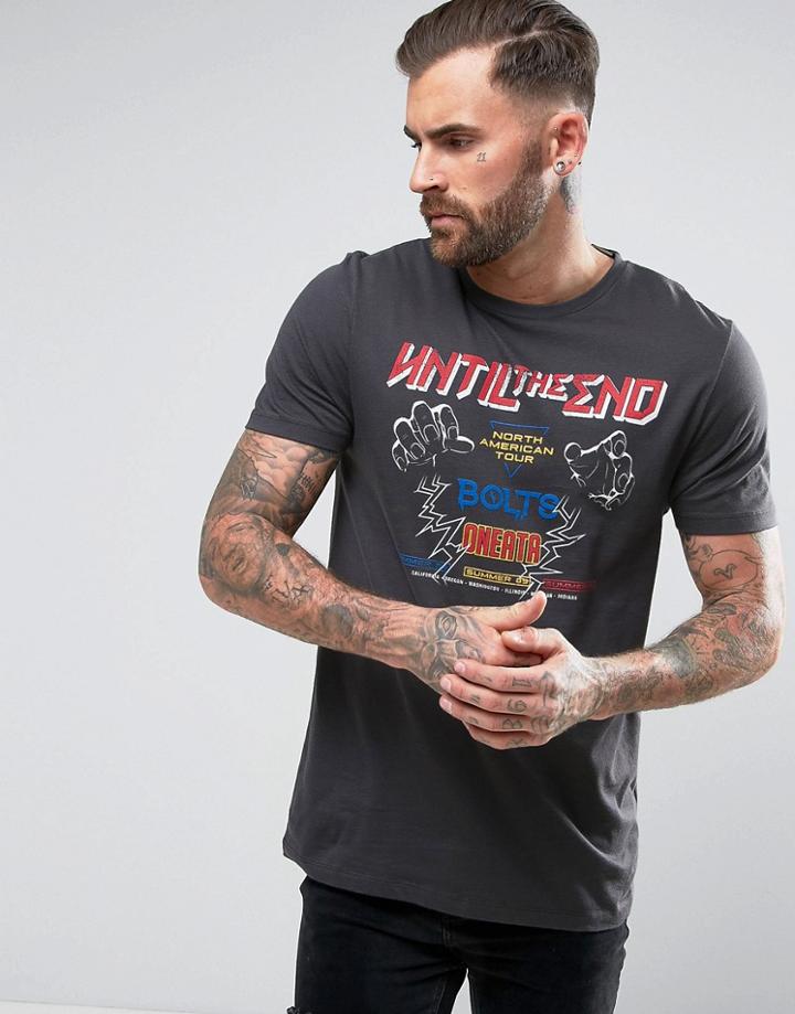 Asos Longline T-shirt With Band Logo Print - Gray