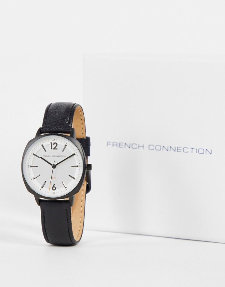 French Connection Large Dial Watch With Leather Strap In Black