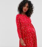 New Look Maternity Long Sleeve Smock Dress In Red Floral - Red