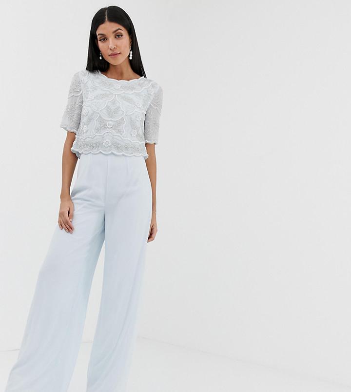 Amelia Rose Tall Embellished Wide Leg Jumpsuit In Soft Blue