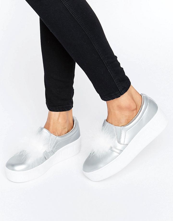 Truffle Faux Feather Flatform Sneaker - Silver
