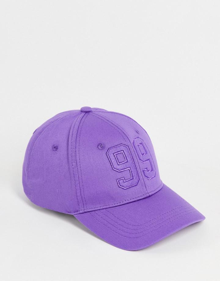Asos Design Canvas Baseball Cap In Electric Purple With Motif