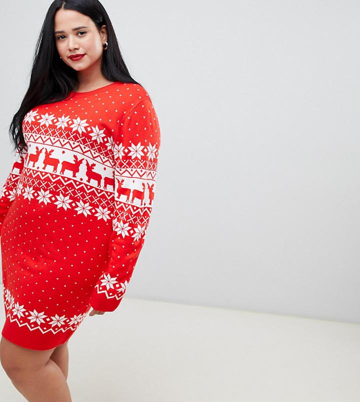 Brave Soul Plus Sweater Dress In Reindeer Fair Isle - Red