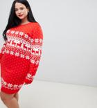 Brave Soul Plus Sweater Dress In Reindeer Fair Isle - Red