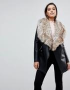 Lipsy Faux Leather Waterfall Coat With Faux Fur Trim - Black