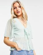 Asos Design Textured Pleated Peplum Top With Button And Tie Detail In Sage Green-no Color