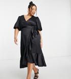Asos Design Curve Edit Satin Midi Wrap Dress With Puff Sleeves In Black