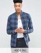 Asos Tall Skinny Check Shirt In Navy - Navy