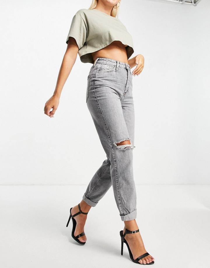 River Island Mom High Rise Jean With Rip Detail In Gray-grey