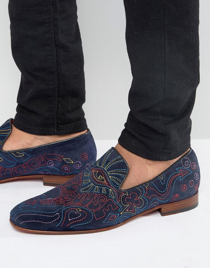 Jeffery West Martini Embroidered Suede Loafers - Navy