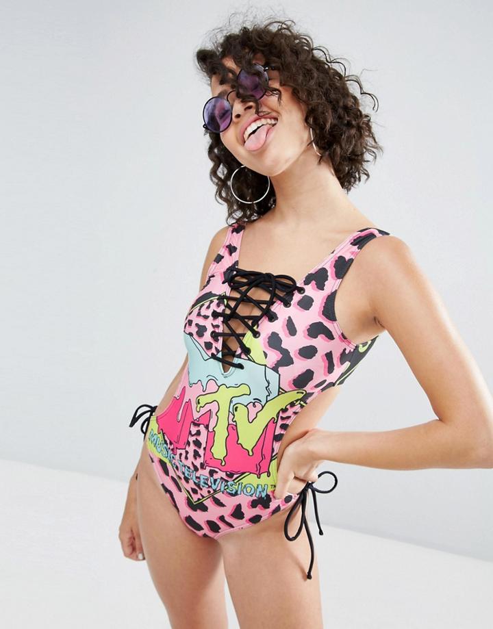Asos X Mtv Printed Lace Up Front Swimsuit - Multi
